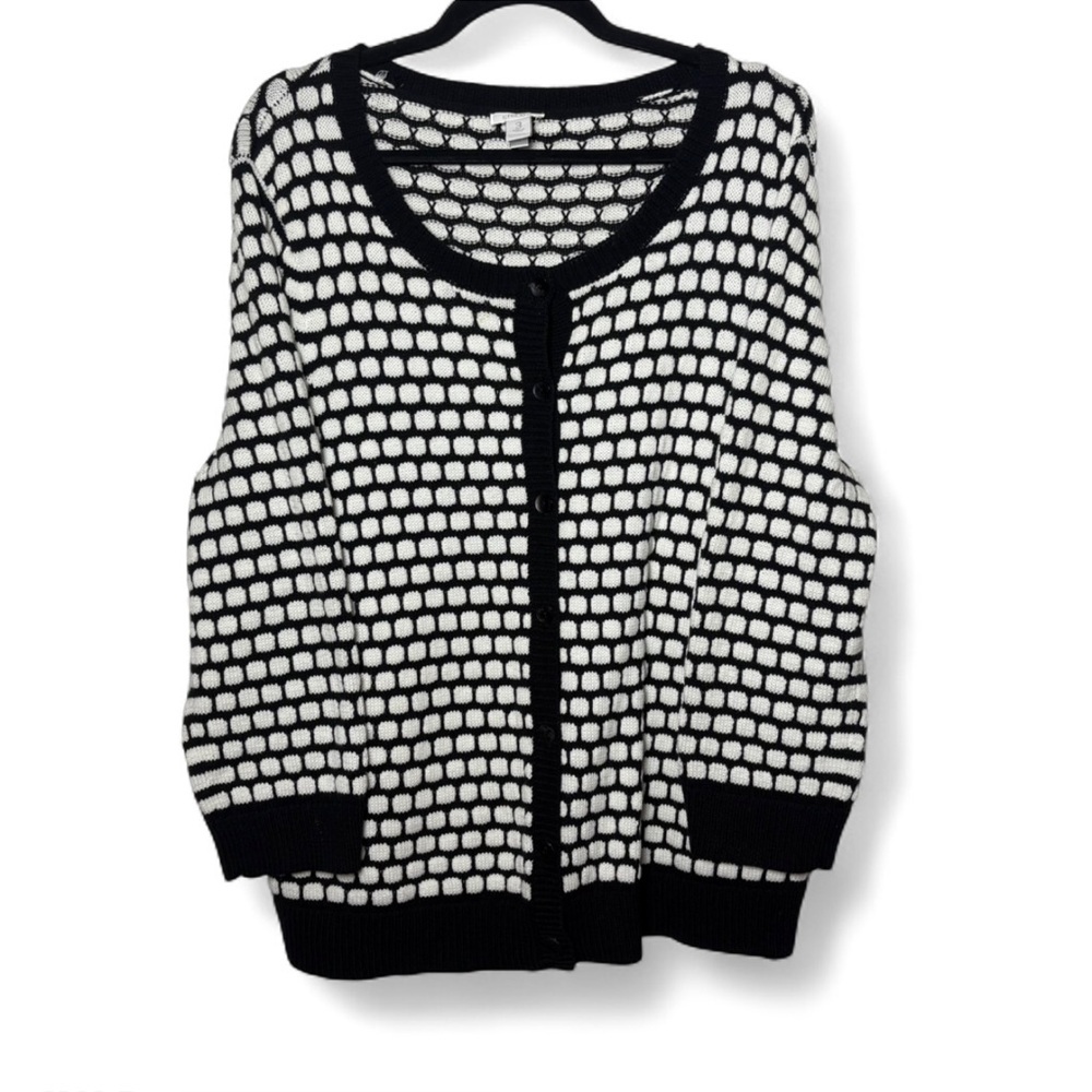 Chicos Black White Polka Dot Knit Button Front Cardigan Sweater Size 3